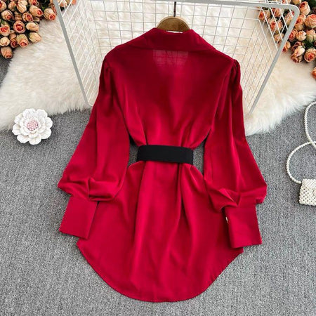 Locaste Statement Shirt With Belt - back shot on hanger, red - Miss Mosa By Akanksha