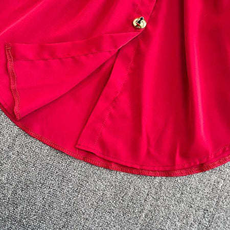 Locaste Statement Shirt With Belt - close-up of hem, red - Miss Mosa By Akanksha