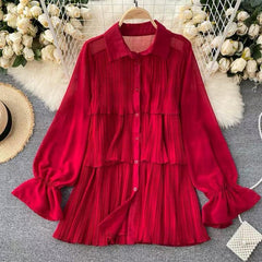 Loila Pleated Blouse - styled flat-lay shot, red - Miss Mosa By Akanksha