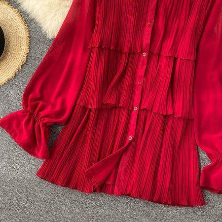 Loila Pleated Blouse - close-up of tiered ruffles, red - Miss Mosa By Akanksha