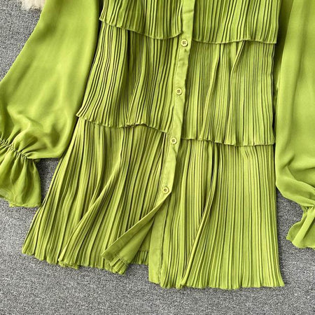 Loila Pleated Blouse - close-up of tiered ruffles, green - Miss Mosa By Akanksha