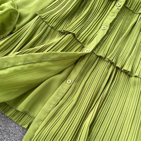 Loila Pleated Blouse - close-up of button placket, green - Miss Mosa By Akanksha