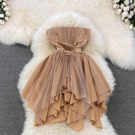 Louisa Mesh Detail Dress In Brown - flat-lay product shot, brown - Miss Mosa By Akanksha