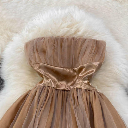 Louisa Mesh Detail Dress In Brown - close-up of bodice, brown - Miss Mosa By Akanksha