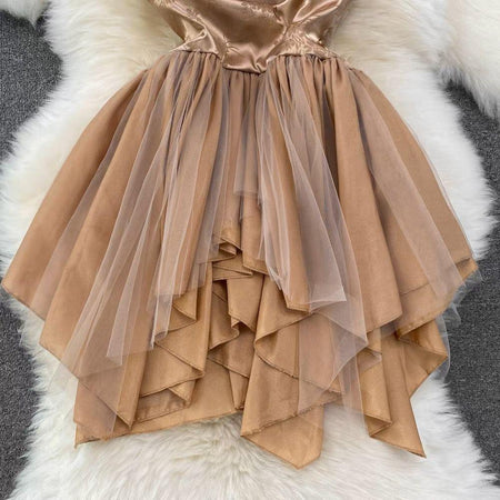 Louisa Mesh Detail Dress In Brown - close-up of skirt, brown - Miss Mosa By Akanksha