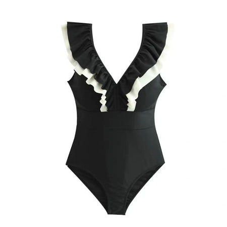 Louisa Ruffled Swimsuit In Black - flat-lay product shot, black - Miss Mosa By Akanksha
