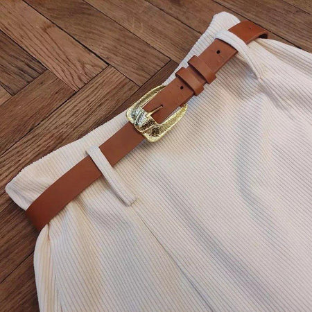Lucas Statement Skirt - close-up of belted waistband, cream - Miss Mosa By Akanksha