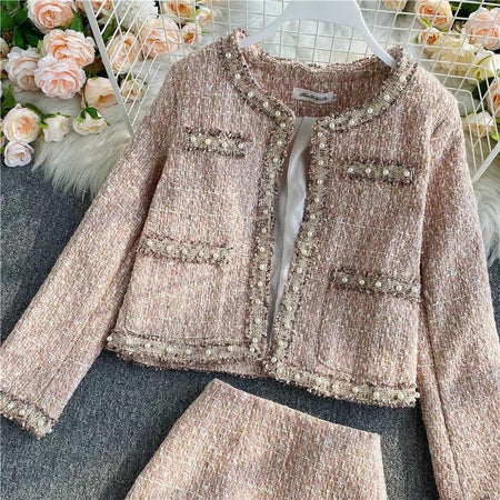 Luke Statement Coord Set - close-up of tweed jacket detail, pink - Miss Mosa By Akanksha