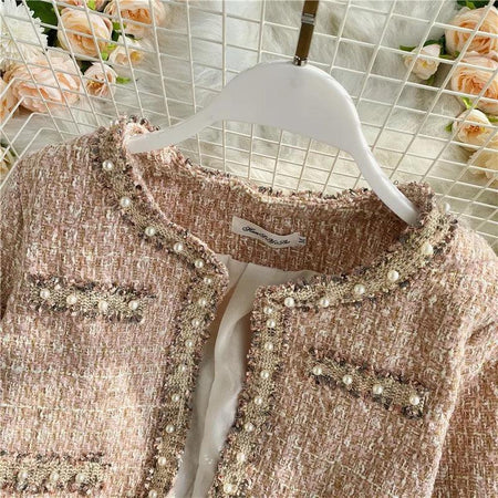 Luke Statement Coord Set - close-up of pearl trim, pink - Miss Mosa By Akanksha