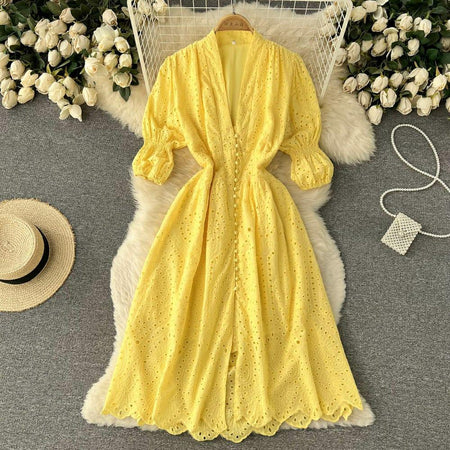 Luna Summer Cotton Eyelet Dress - front shot on hanger, yellow - Miss Mosa By Akanksha