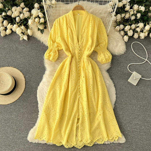 Luna Summer Cotton Eyelet Dress In Yellow