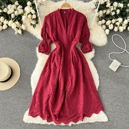 Luna Summer Cotton Eyelet Dress - front shot on hanger, red - Miss Mosa By Akanksha