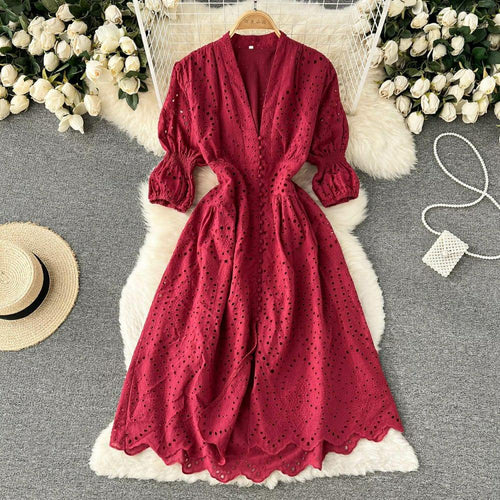 Luna Summer Cotton Eyelet Dress In Red