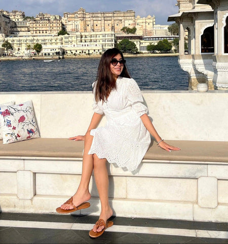 Luna Summer Cotton Eyelet Dress - lifestyle shot on model, white - Miss Mosa By Akanksha