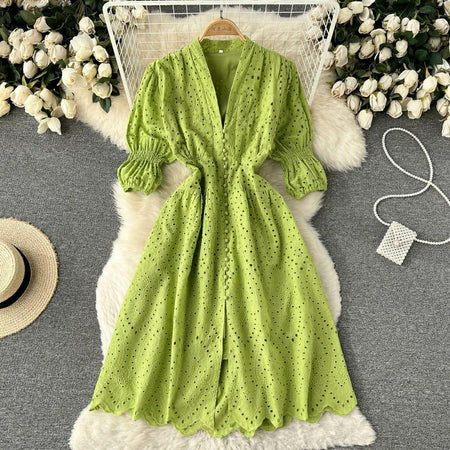 Luna Summer Cotton Eyelet Dress - front shot on hanger, green - Miss Mosa By Akanksha