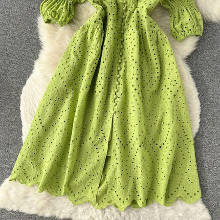 Luna Summer Cotton Eyelet Dress - lifestyle shot on model, green - Miss Mosa By Akanksha