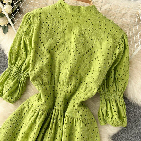Luna Summer Cotton Eyelet Dress - close-up of eyelet skirt, green - Miss Mosa By Akanksha