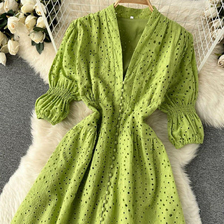 Luna Summer Cotton Eyelet Dress - close-up of bodice, green - Miss Mosa By Akanksha