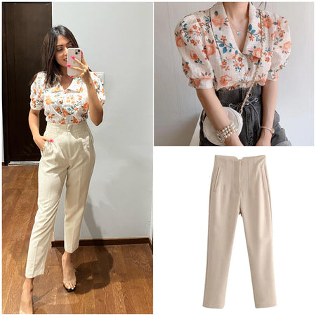 Luxe Fred Formal Pants - full-length shot on model, beige - Miss Mosa By Akanksha