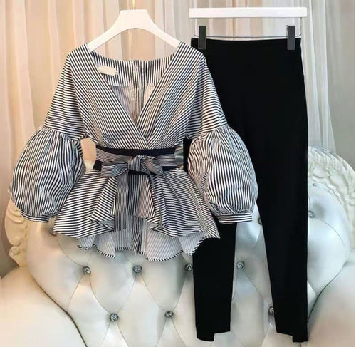 Luxury Bubble Sleeve Top with Pants Striped In Black