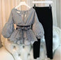 Bubble Sleeve Top with Pants- Striped