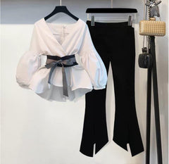 Luxury Bubble Sleeve Top with Pants - front shot on hanger, white and black - Miss Mosa By Akanksha