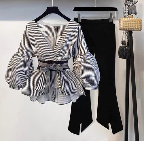 Luxury Bubble Sleeve Top with Pants Striped In Black