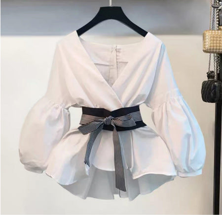 Luxury Bubble Sleeve Top with Pants - front shot on hanger, white - Miss Mosa By Akanksha