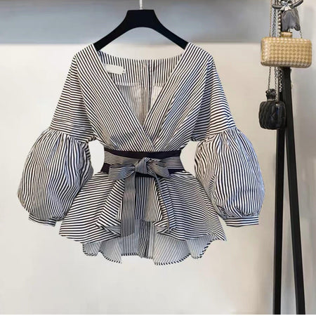 Luxury Bubble Sleeve Top with Pants - front shot on hanger, blue - Miss Mosa By Akanksha
