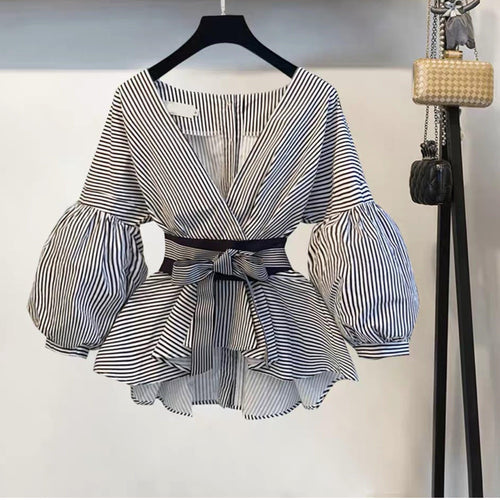 Luxury Bubble Sleeve Top with Pants Striped In Black