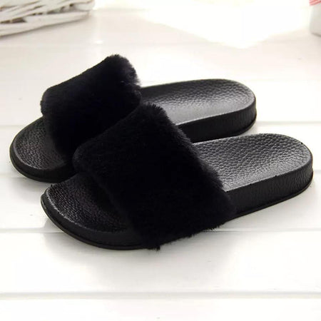 Luxury Furry Slip Ons - flat-lay product shot, black - Miss Mosa By Akanksha