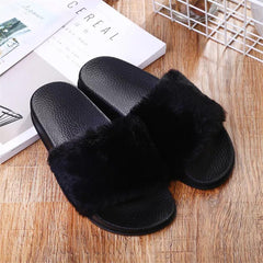 Luxury Furry Slip Ons - flat-lay product shot, black - Miss Mosa By Akanksha