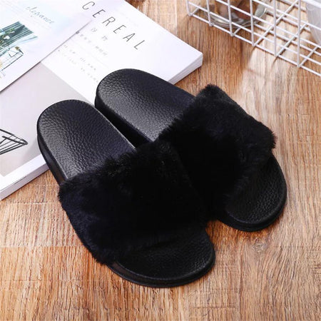 Luxury Furry Slip Ons - flat-lay product shot, black - Miss Mosa By Akanksha