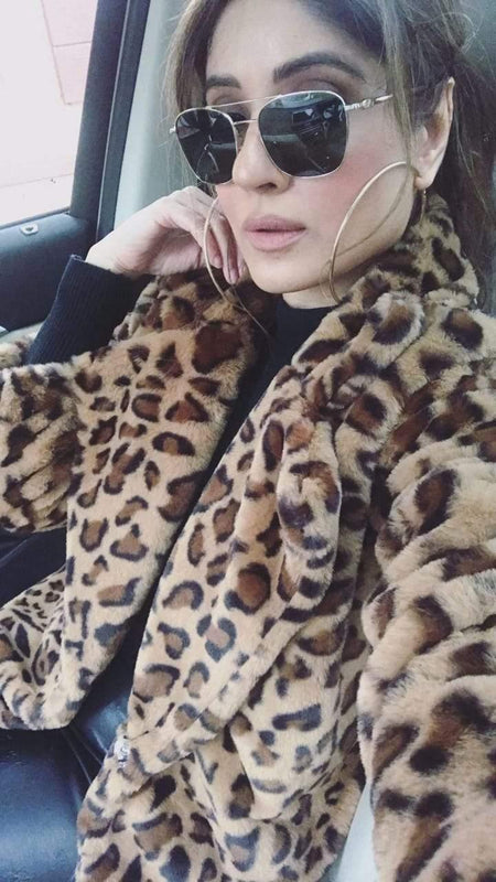 Luxury Leopard Soft Fur Jacket In Brown - lifestyle shot on model, multicolour - Miss Mosa By Akanksha