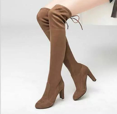 Luxury Suede Heels Boots - side shot on model, brown - Miss Mosa By Akanksha