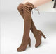 Luxury Suede Heels Boots - side shot on model, brown - Miss Mosa By Akanksha