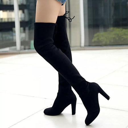 Luxury Suede Heels Boots - side shot on model, black - Miss Mosa By Akanksha