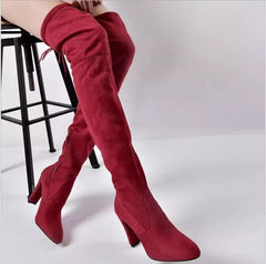 Luxury Suede Heels Boots - side shot on model, wine - Miss Mosa By Akanksha