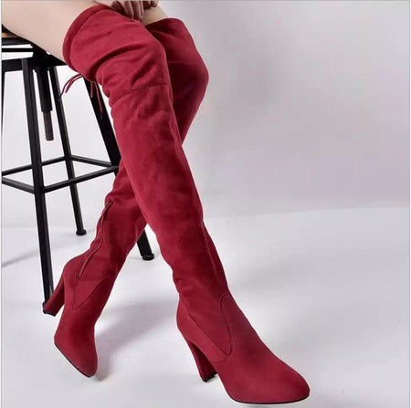 Luxury Suede Heels Boots - side shot on model, wine - Miss Mosa By Akanksha
