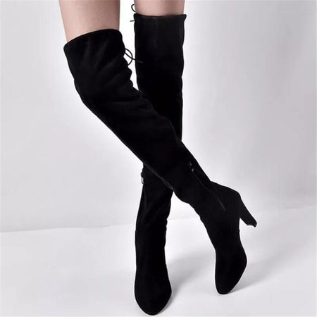 Luxury Suede Heels Boots - side shot on model, black - Miss Mosa By Akanksha