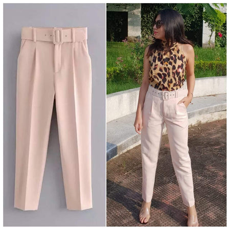 Luxury Trinity Pants - flat-lay product shot and front shot on model, blush pink - Miss Mosa By Akanksha