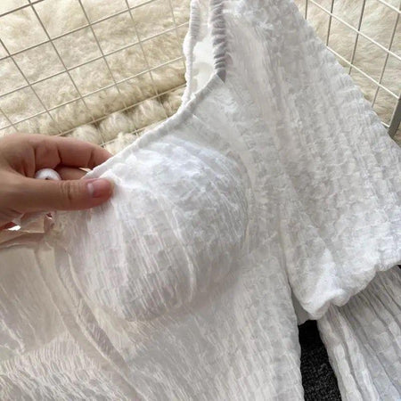 Lyra Statement Top - close-up of textured fabric, white - Miss Mosa By Akanksha