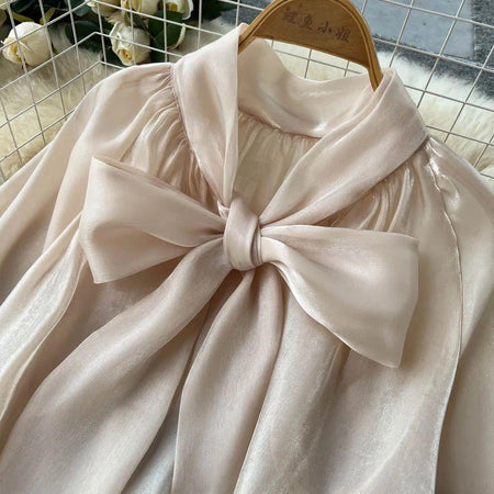 Mabel Bow Top - close-up of bow detail, cream - Miss Mosa By Akanksha