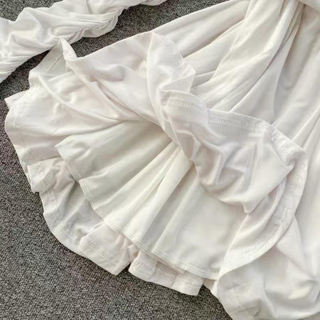 Madline Ruched Dress - close-up of ruffle hem, white - Miss Mosa By Akanksha