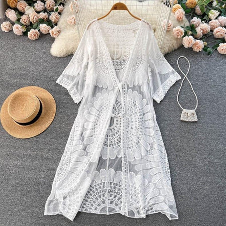 Makenna Mesh Detail Cape - styled flat-lay shot, white - Miss Mosa By Akanksha