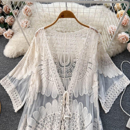 Makenna Mesh Detail Cape - close-up of lace tie front, white - Miss Mosa By Akanksha