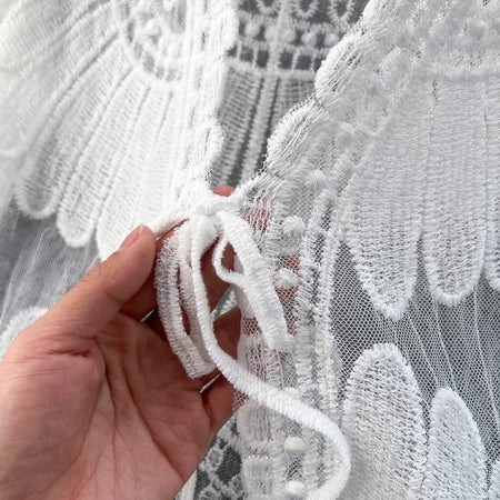 Makenna Mesh Detail Cape - close-up of lace tie, white - Miss Mosa By Akanksha