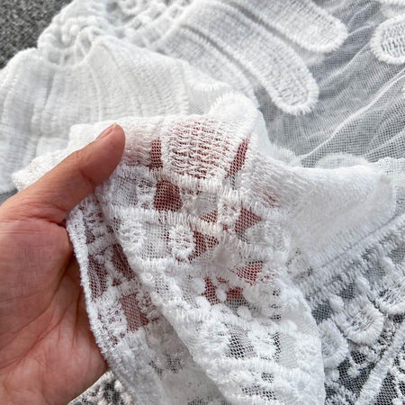 Makenna Mesh Detail Cape - close-up of lace fabric, white - Miss Mosa By Akanksha