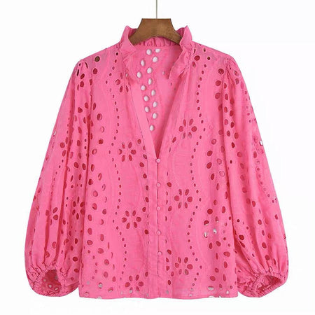 Marianna Premium Eyelet Blouse - front shot on hanger, pink - Miss Mosa By Akanksha
