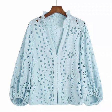 Marianna Premium Eyelet Blouse - front shot on hanger, light blue - Miss Mosa By Akanksha